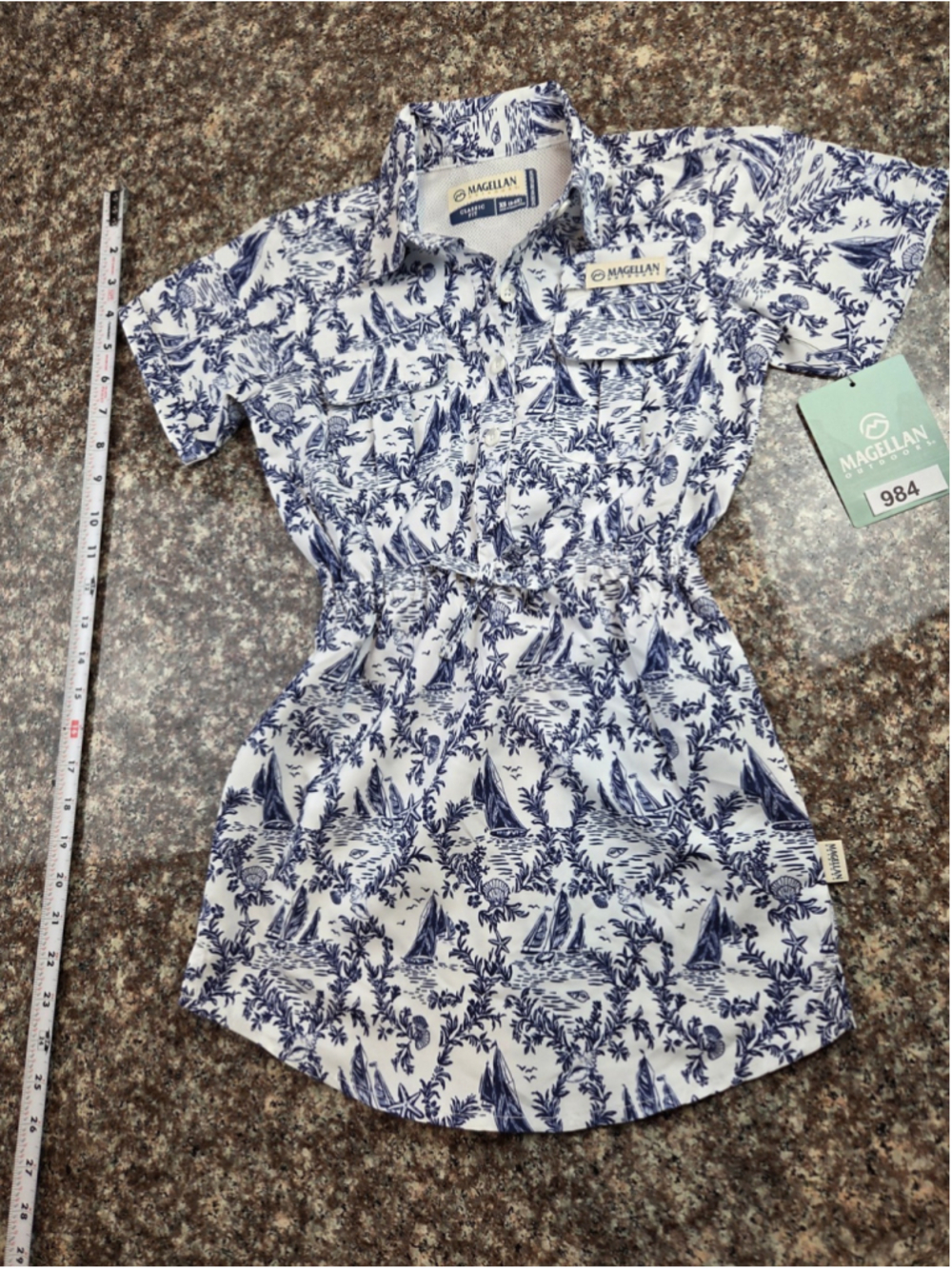 Magellan Outdoor Girl XS (6-6X) Fishing Dress White/Navy Nautical Sailboat #984